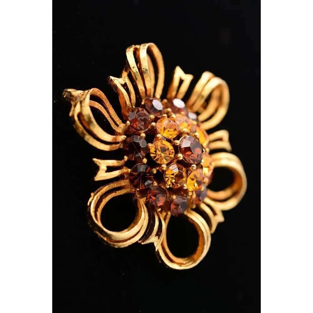 Lisner Vintage Flower Pin Brooch Amber Rhinestone Crystal Gold Signed 50s Bin5B